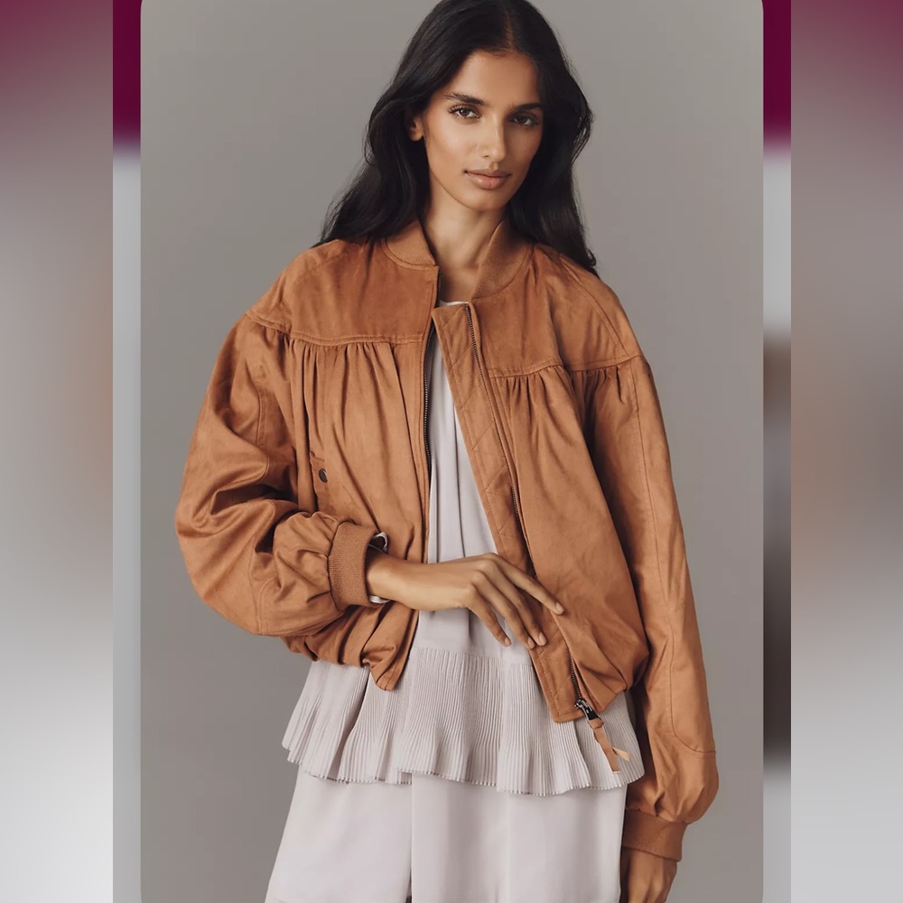 BY ANTHROPOLOGIE FAUX-SUEDE BUBBLE BOMBER JACKET